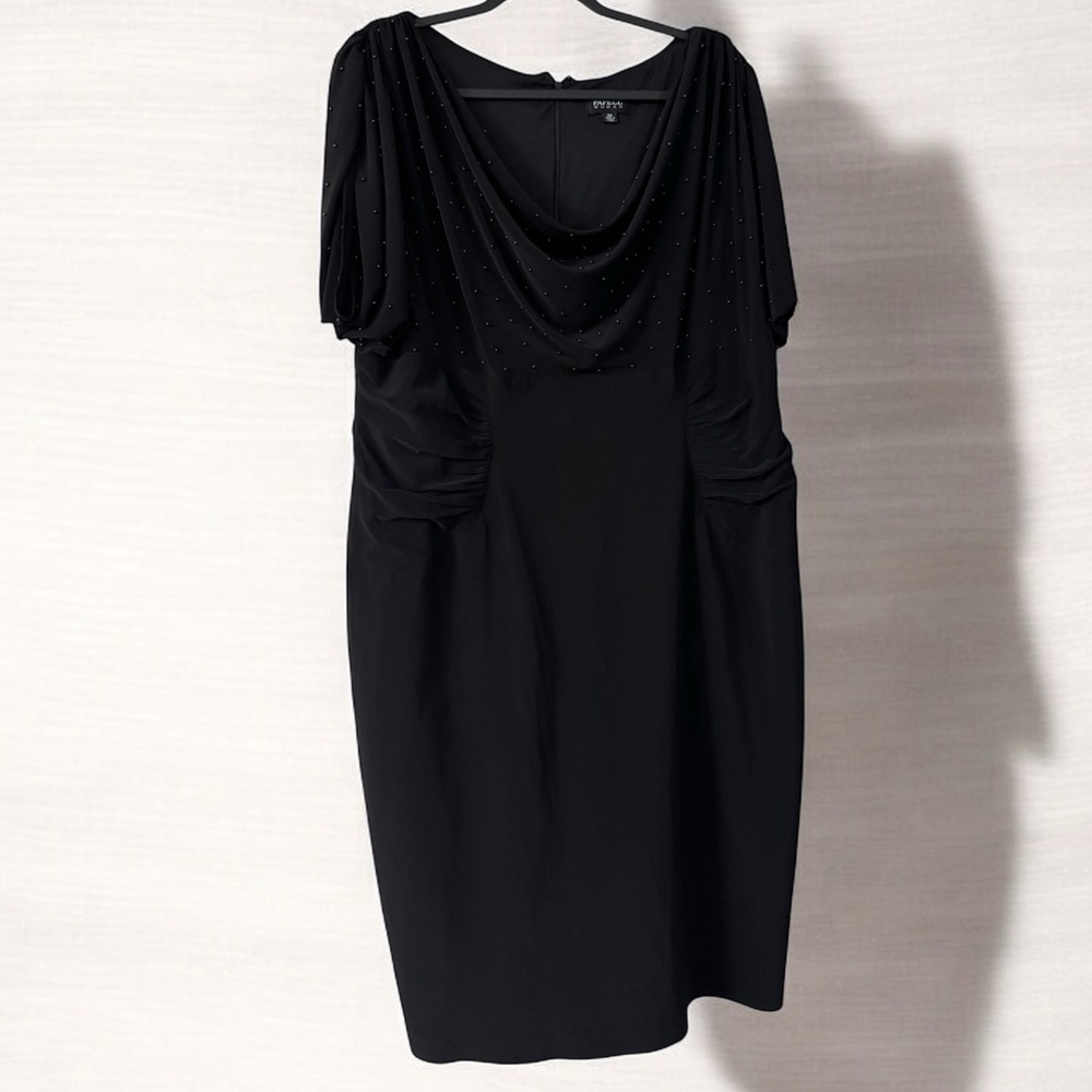 Adrianna Papell Black Midi Dress With Black Beads Draped Neckline Party Ready